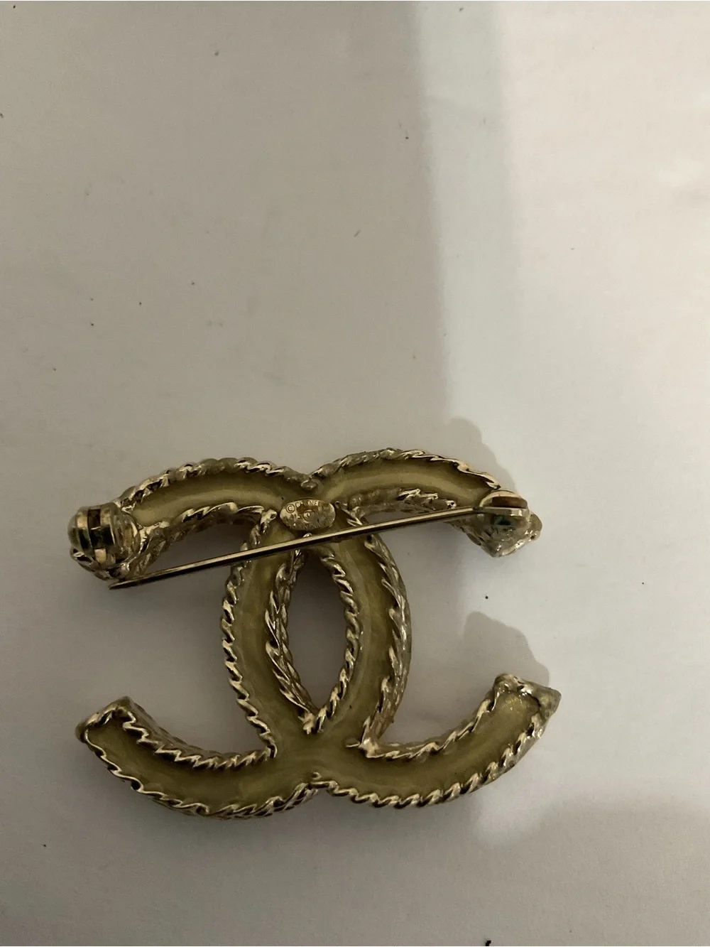 CHANEL Gold Tone Crystal CC Logo Brooch Vintage